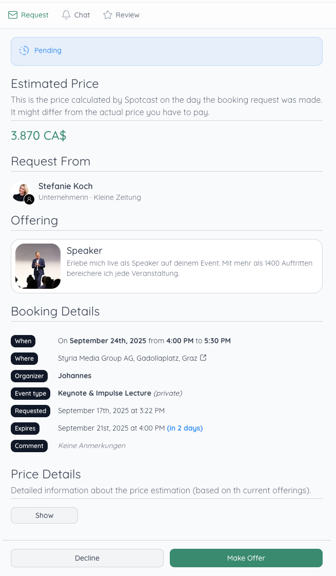 Booking request