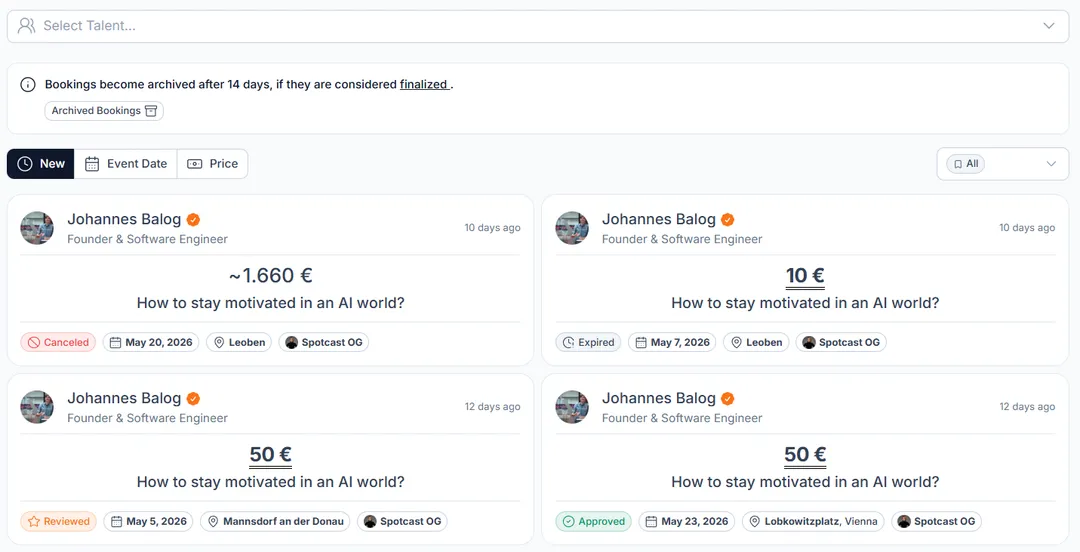 Placeholder screenshot: bookings overview